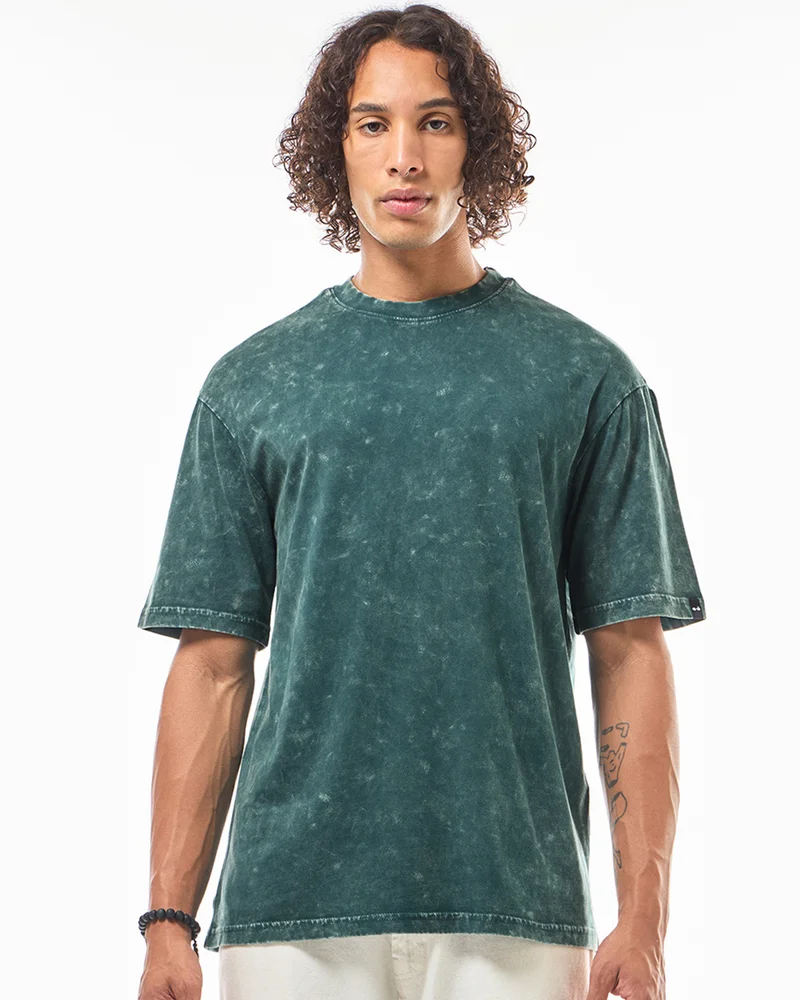 بيواكوف Men's Green Oversized Acid Wash T-shirt